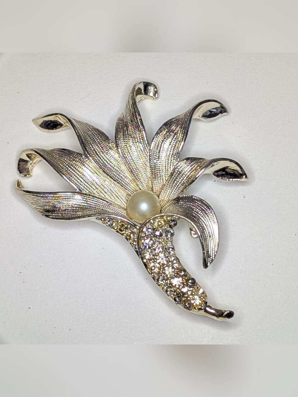 1950s Orchid Flower Brooch, Gold Tone Brushed Petals Faux Pearl Pavé Brooch